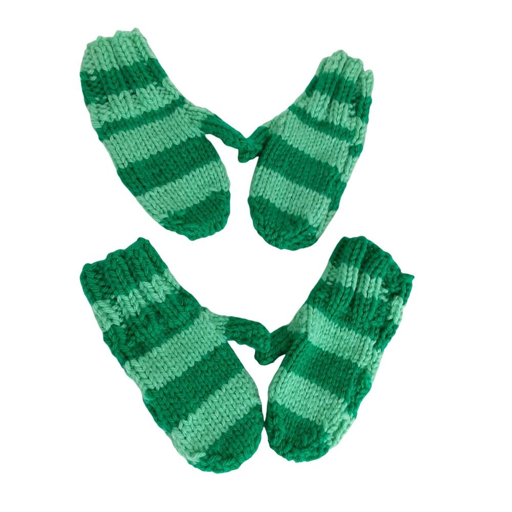 Vintage Handmade Crochet Mittens Kids M 2pc Green Stripe Winter Gloves
